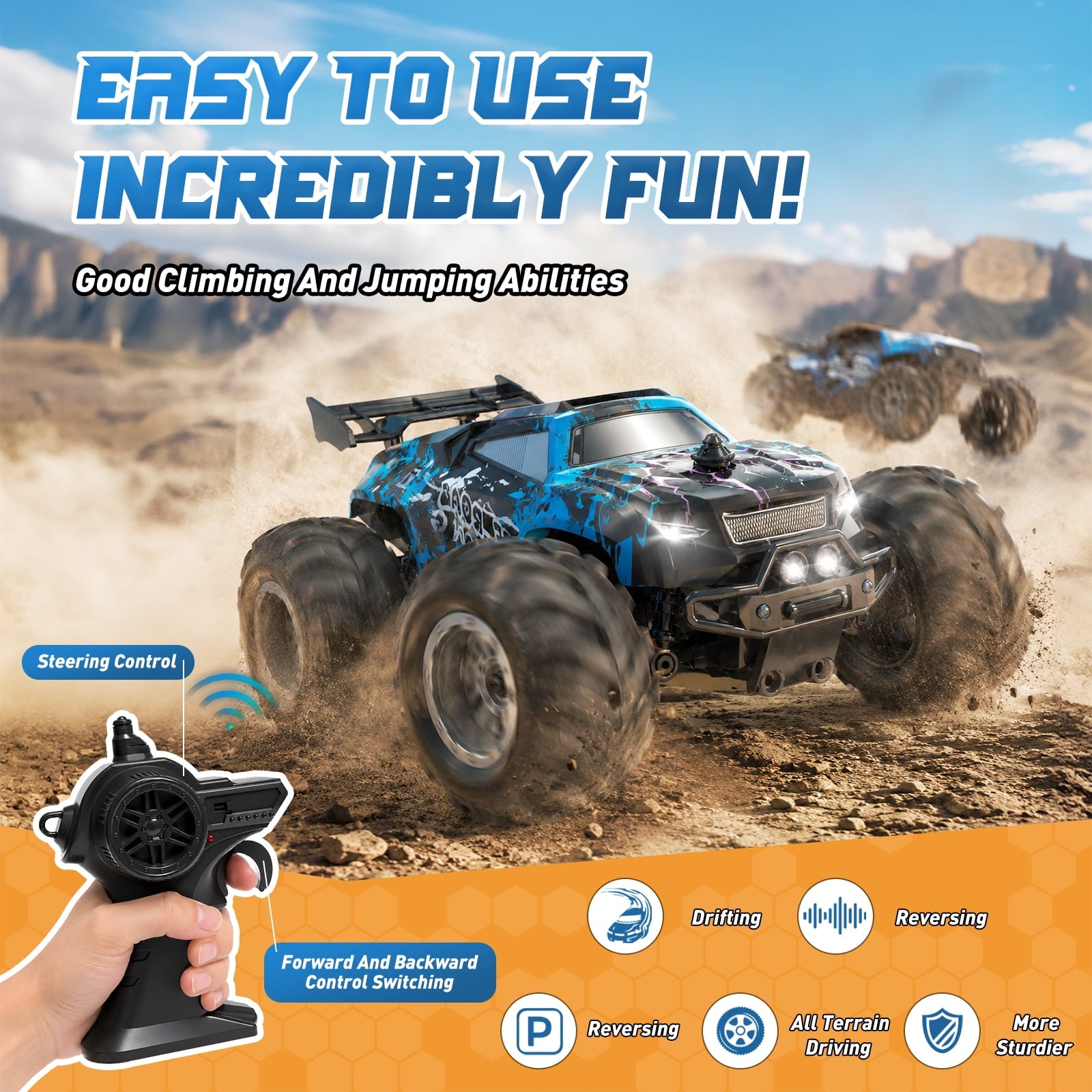 Yeahill Remote Control Car, All-Terrain Remote Control Truck for Boys, Rechargeable Rc Truck with LED, 1:20, 10KM/H, 2 Motors, 2.4GHZ, Speed Friendly, Sturdy, Rc Cars for Christmas, Kids, Beginner