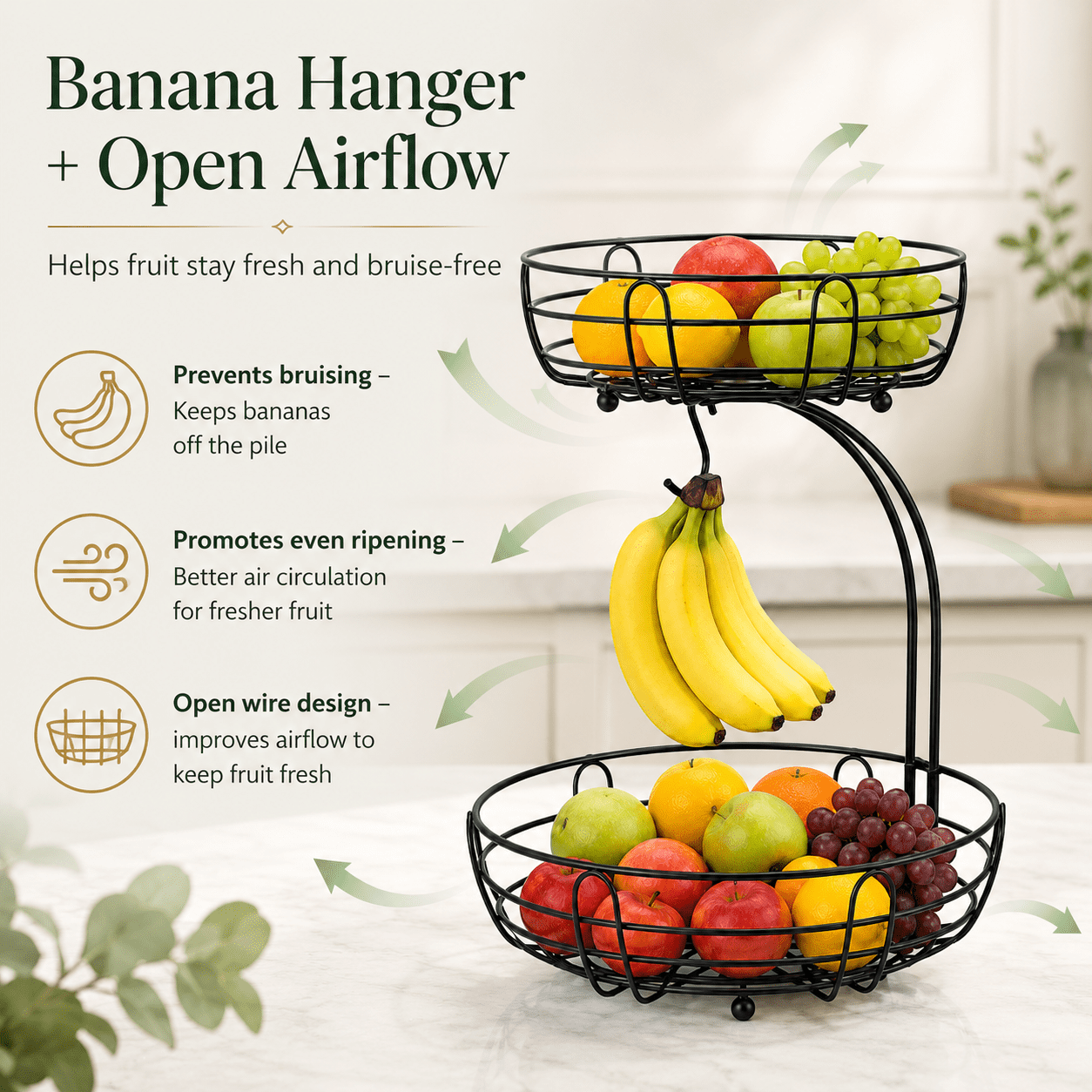 ZHOHO TANT 2-Tier Countertop Fruit Basket with Banana Hanger, Metal Wire Storage Organizer for Kitchen