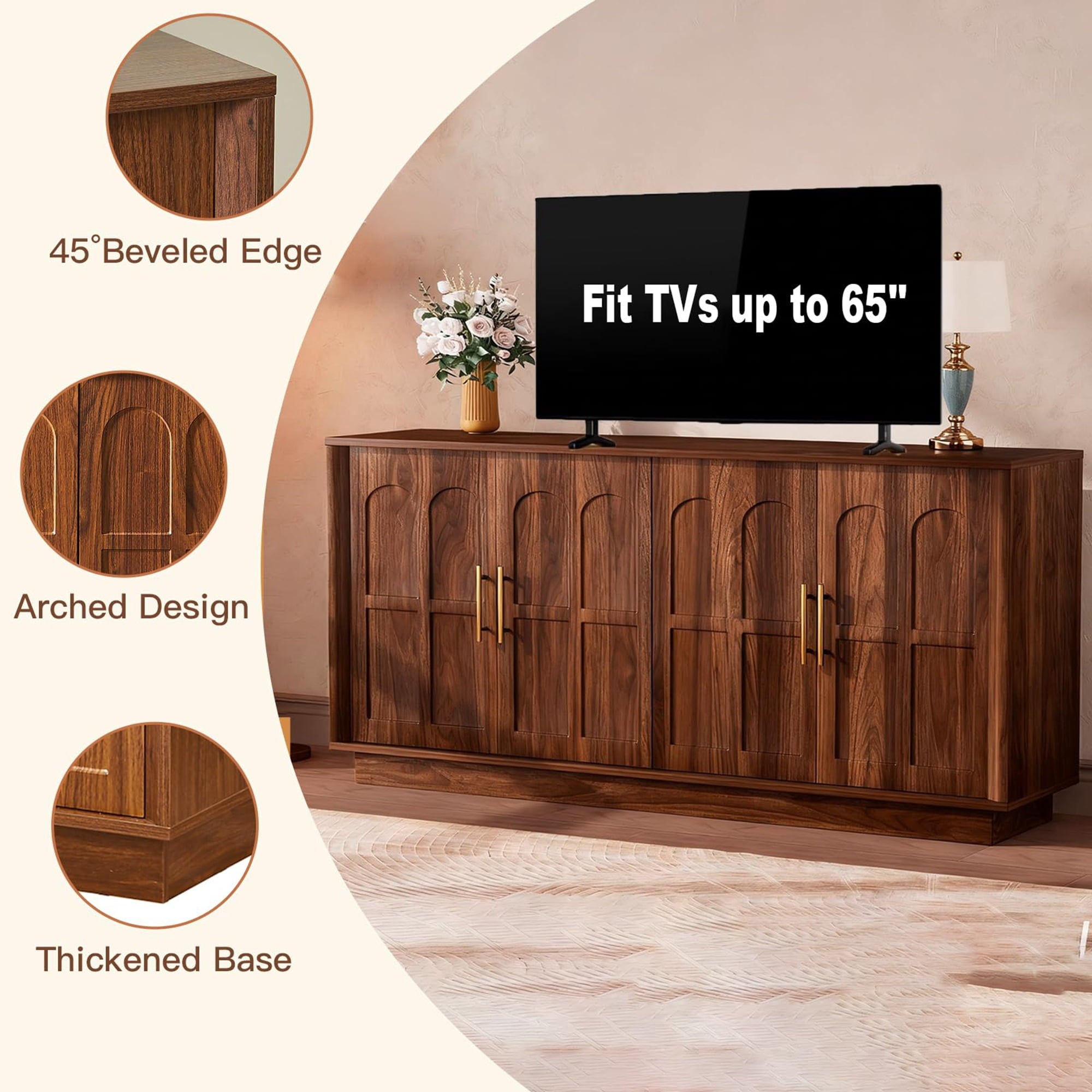 BFJDM 67" Arched Sideboard Buffet Cabinet, 4-Door Wood Walnut Credenza Storage Accent Cabinet TV Console for Living Room Kitchen Dining Room Entryway