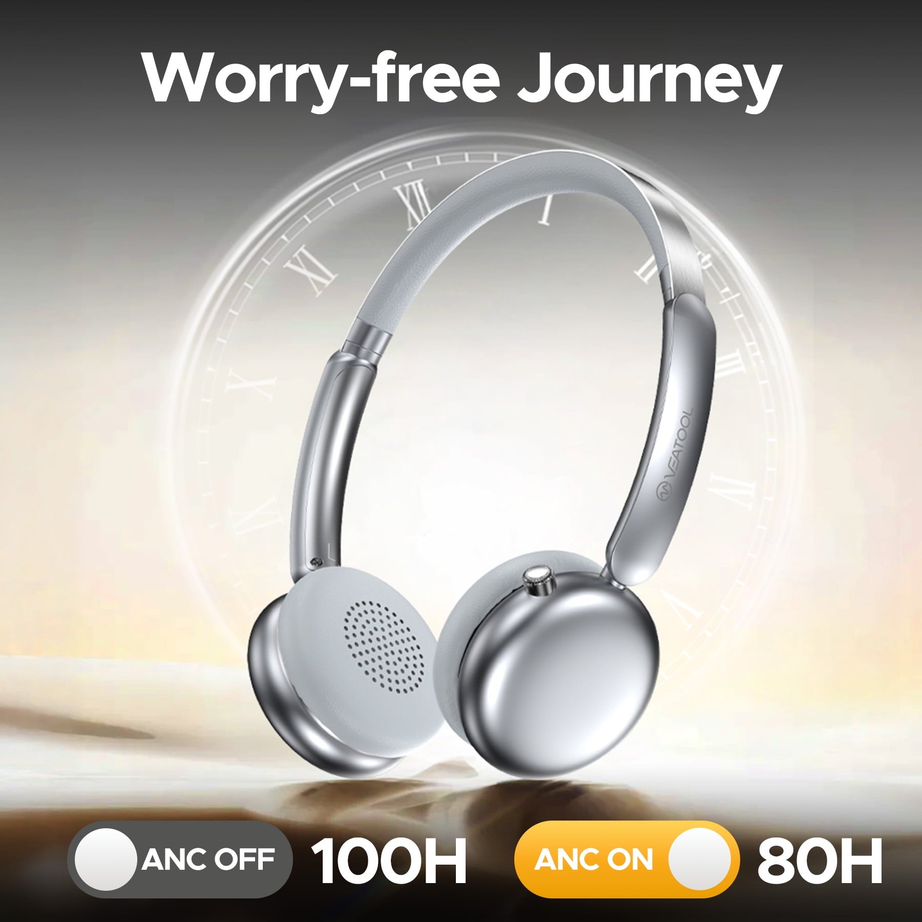 VEATOOL Mini Go Wireless Retro Headphones 100 Hours Playtime Bluetooth 5.4 Wireless ANC On-Ear Headphones LDAC Hi-Res Wireless Audio Lightweight Wireless On-Ear Headset 70S 80S Style Silver