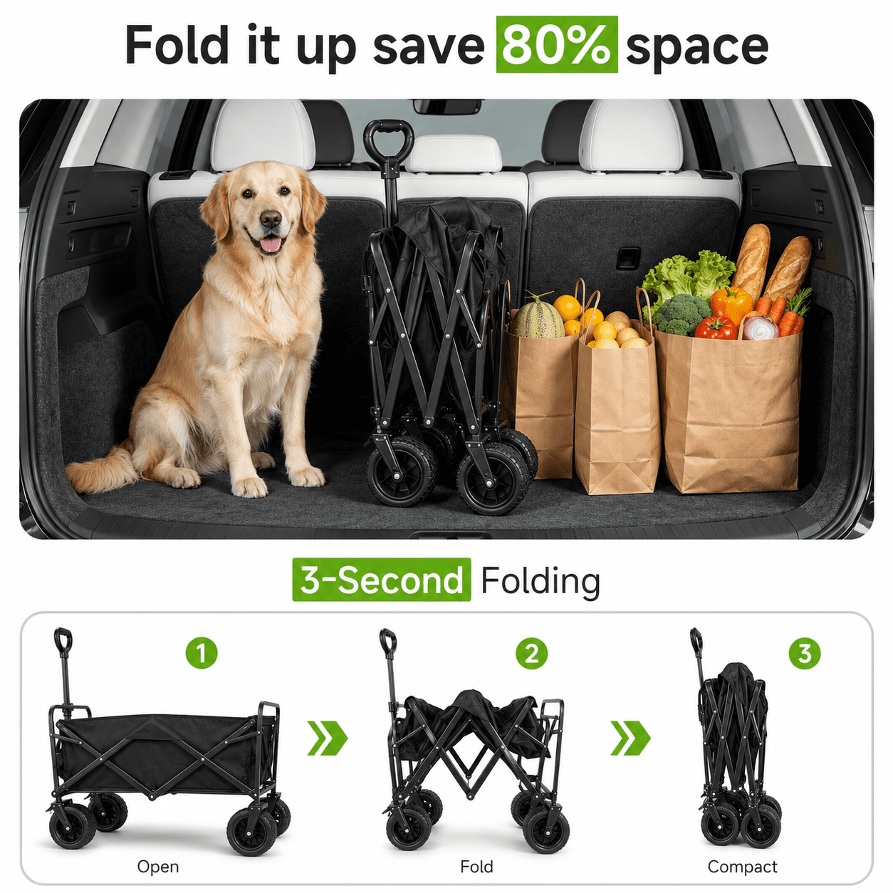 ANSFIL Collapsible Wagon with Wheels, Wagons Carts Foldable Wagon Cart with Flexible Handle, Folding Utility Heavy Duty Wagons Carts for Grocery Shopping Garden