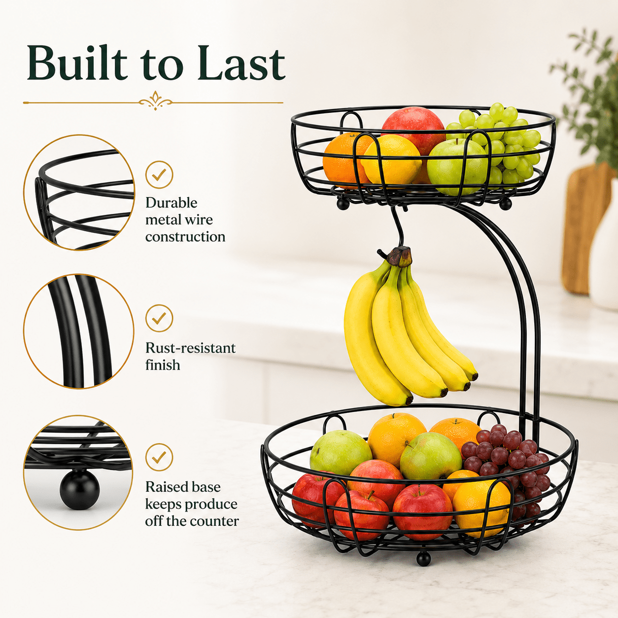 ZHOHO TANT 2-Tier Countertop Fruit Basket with Banana Hanger, Metal Wire Storage Organizer for Kitchen