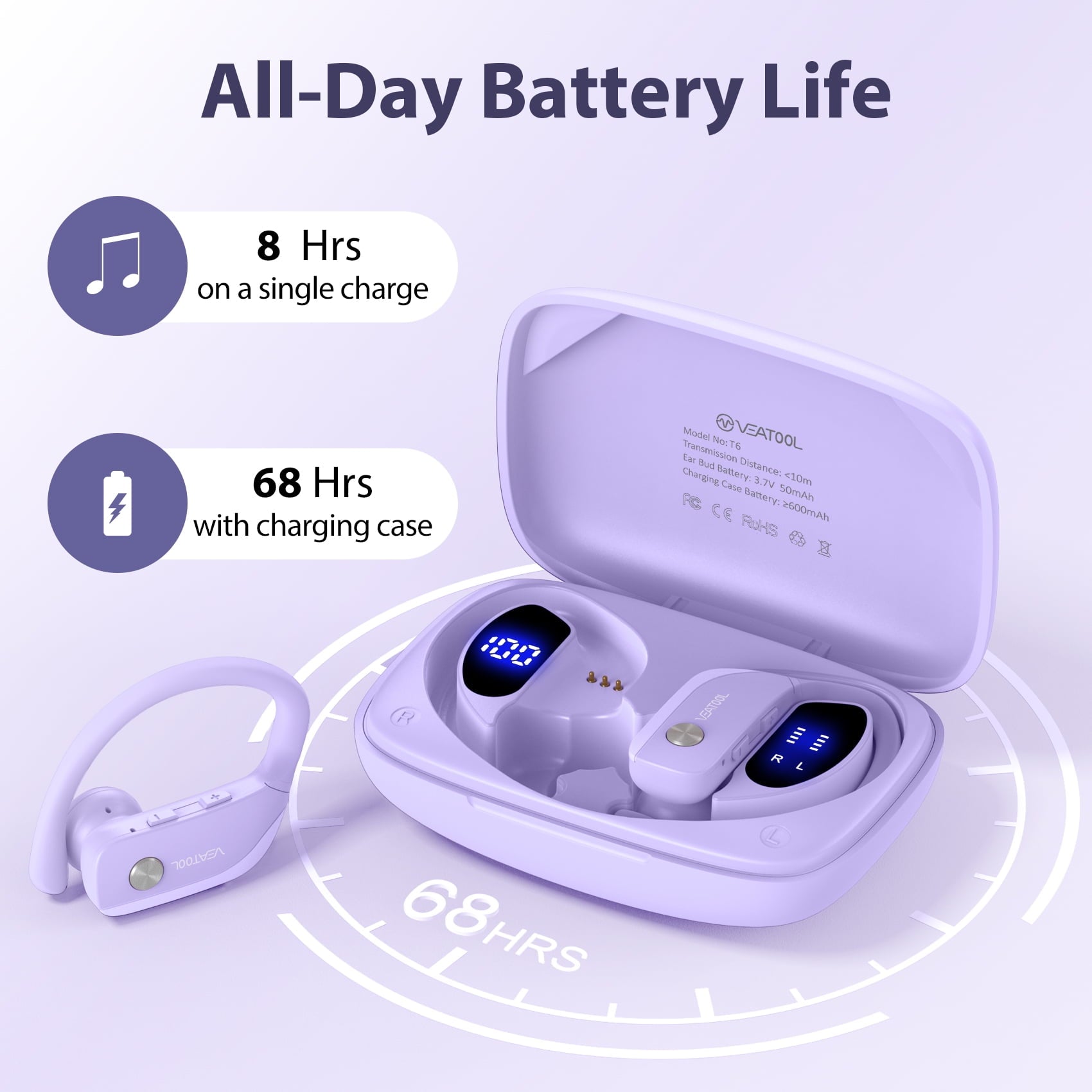 VEAT00L Wireless Earbuds Bluetooth Headphone Sport, Bluetooth 5.4 Earbud, 72Hrs Earphone with Earhook, Noise Cancelling Mic, IP7 Waterproof Headset for Workout/Running