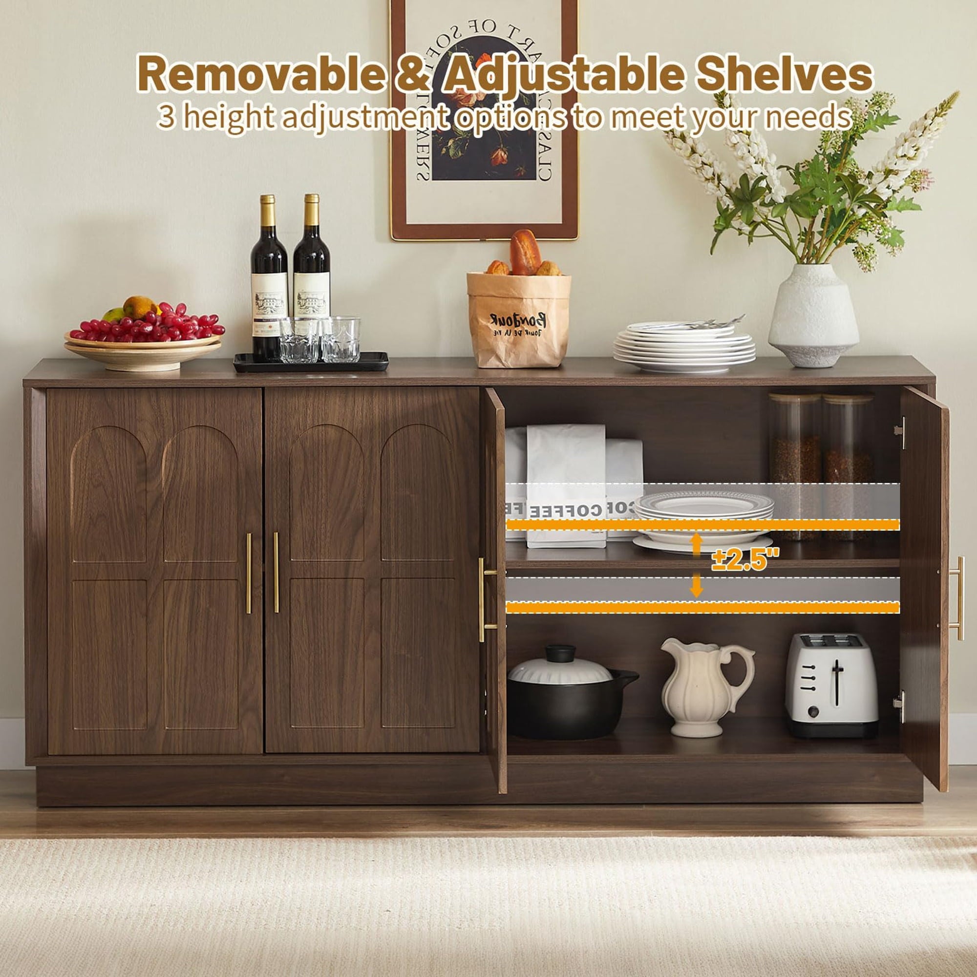 BFJDM 67" Arched Sideboard Buffet Cabinet, 4-Door Wood Walnut Credenza Storage Accent Cabinet TV Console for Living Room Kitchen Dining Room Entryway