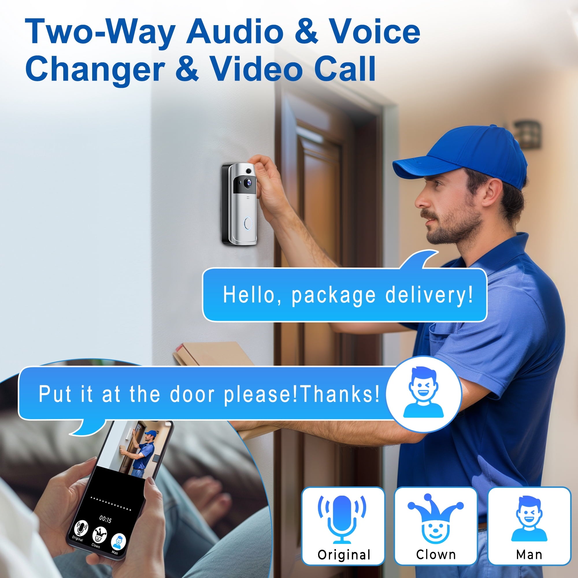 VEAT00L Doorbell Camera Wireless,1080P Video Doorbell with Chime,Head-to-Toe video, Live View with Two-Way Talk, PIR Motion Detection, 2.4GHz WiFi