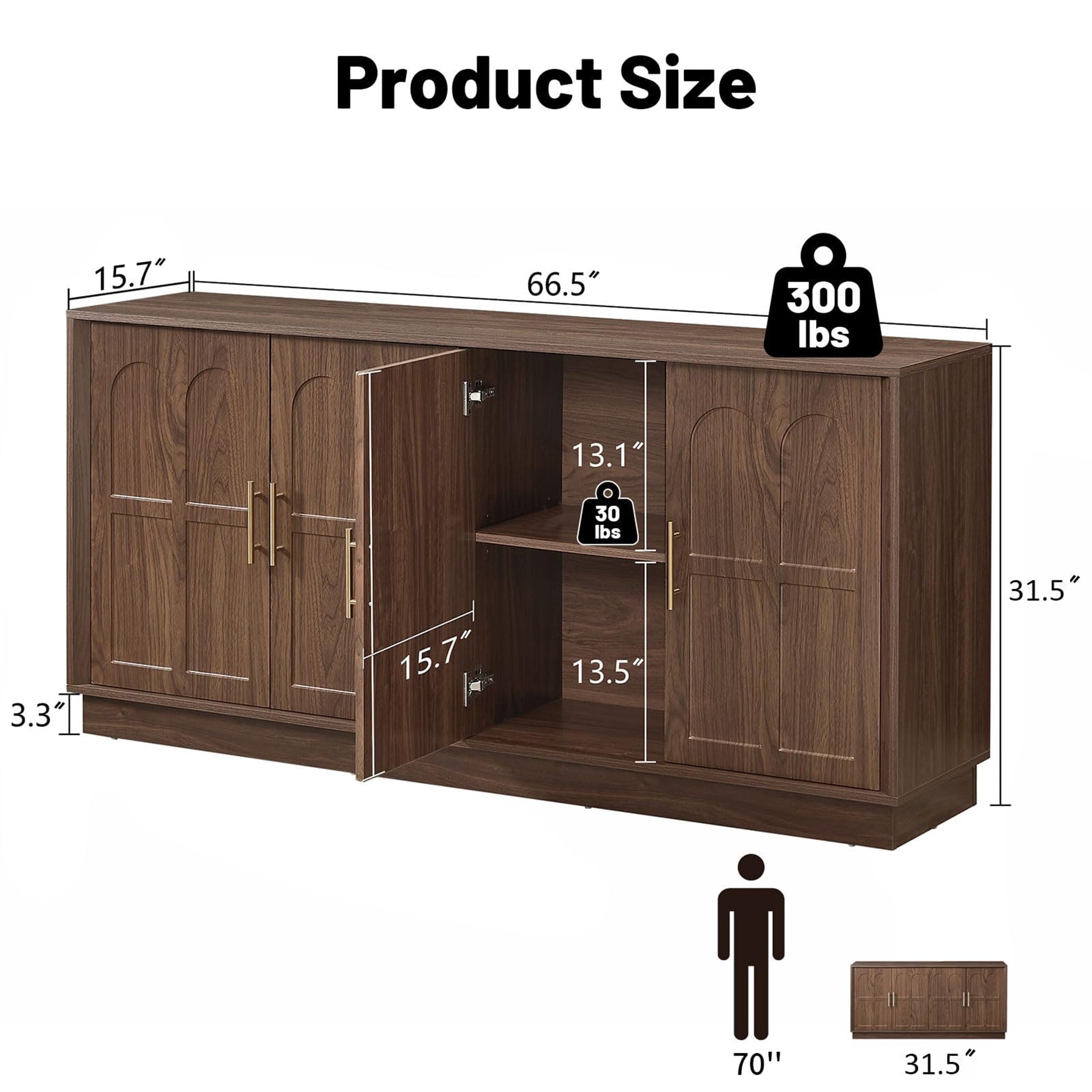 BFJDM 67" Arched Sideboard Buffet Cabinet, 4-Door Wood Walnut Credenza Storage Accent Cabinet TV Console for Living Room Kitchen Dining Room Entryway